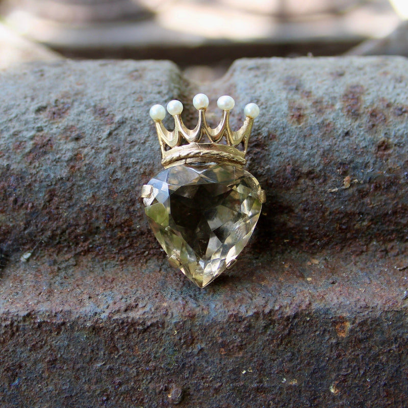 Vintage 9K Gold Smoky Quartz Crowned Heart Pendant Pendant Kirsten's Corner 