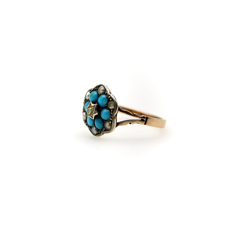 12K Gold and Sterling Silver Early Victorian Diamond Turquoise and Pearl Ring RING Kirsten's Corner Jewelry 