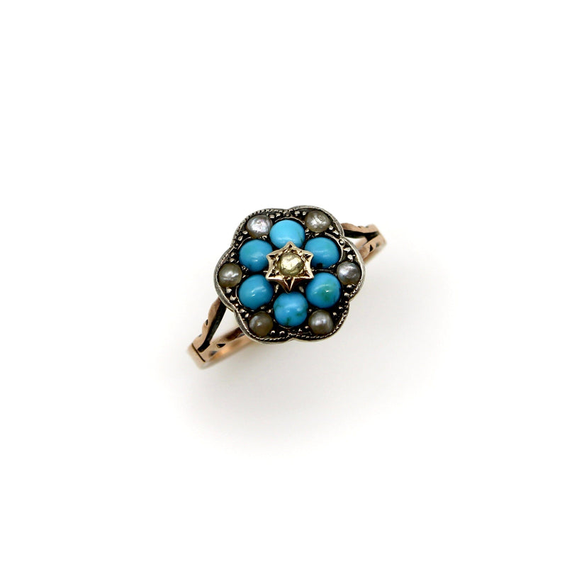 12K Gold and Sterling Silver Early Victorian Diamond Turquoise and Pearl Ring RING Kirsten's Corner Jewelry 