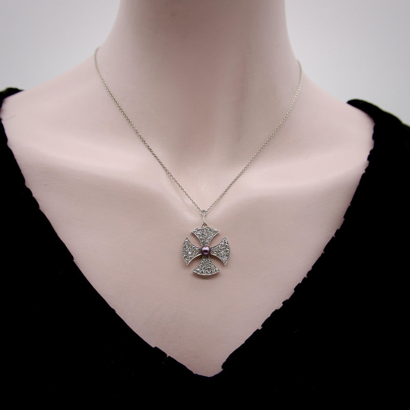 Platinum Edwardian Maltese Cross Diamond Encrusted with Central Black Pearl Neck Kirsten's Corner 