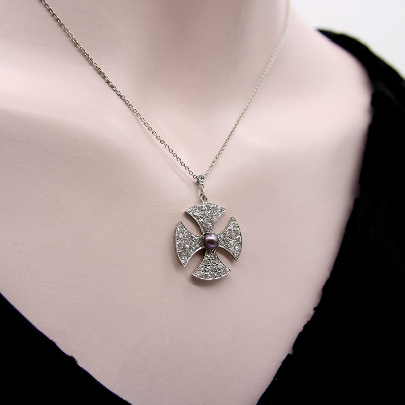Platinum Edwardian Maltese Cross Diamond Encrusted with Central Black Pearl Neck Kirsten's Corner 
