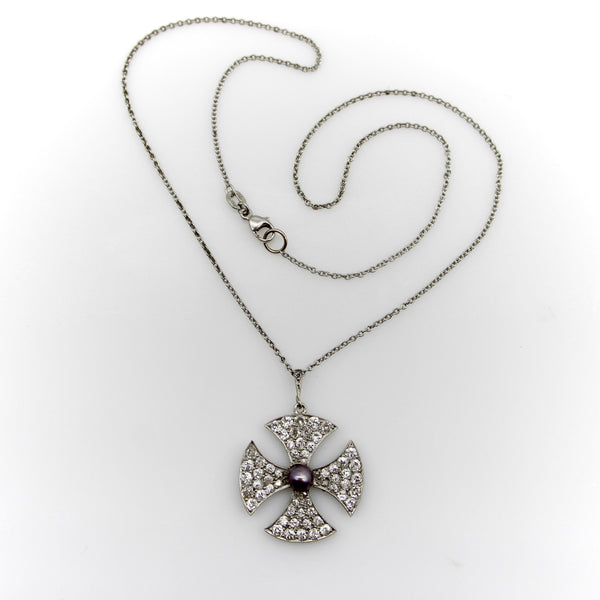 Platinum Edwardian Maltese Cross Diamond Encrusted with Central Black Pearl Neck Kirsten's Corner 