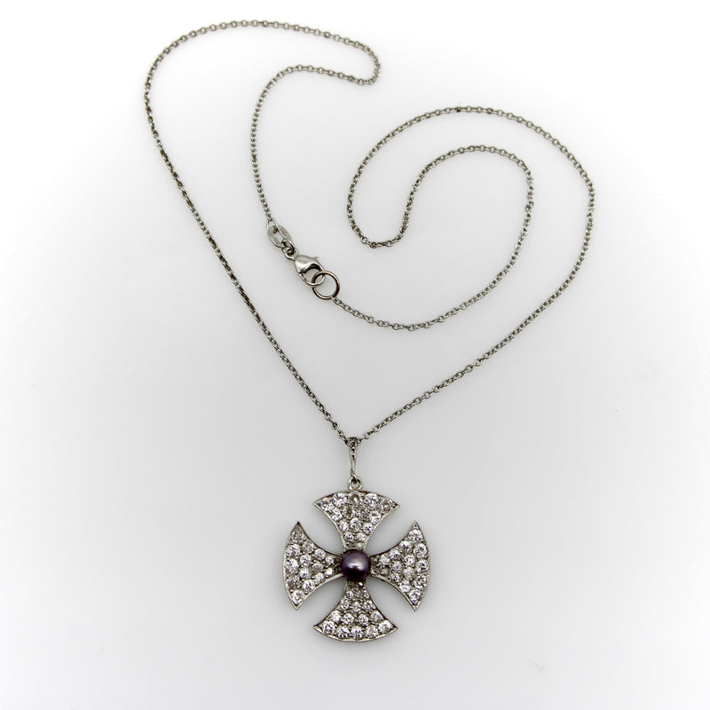 Platinum Edwardian Maltese Cross Diamond Encrusted with Central Black Pearl Neck Kirsten's Corner 