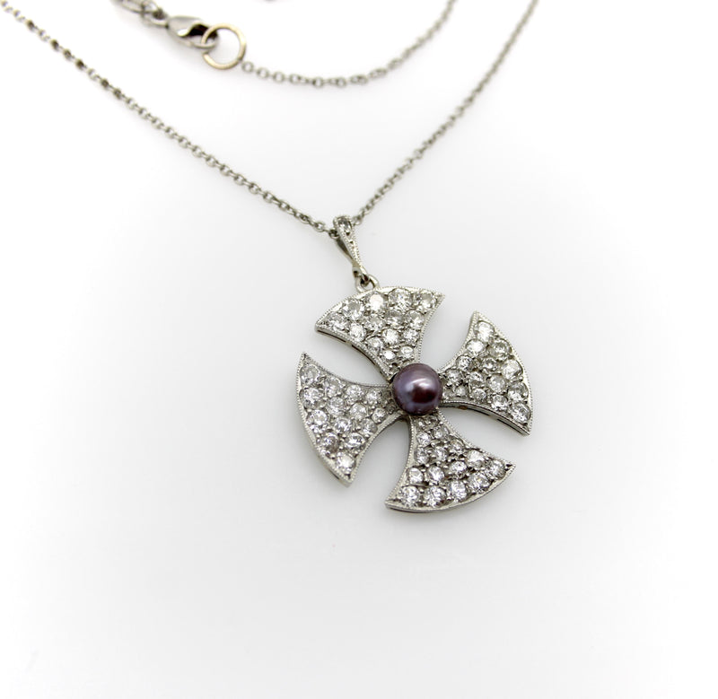 Platinum Edwardian Maltese Cross Diamond Encrusted with Central Black Pearl Neck Kirsten's Corner 