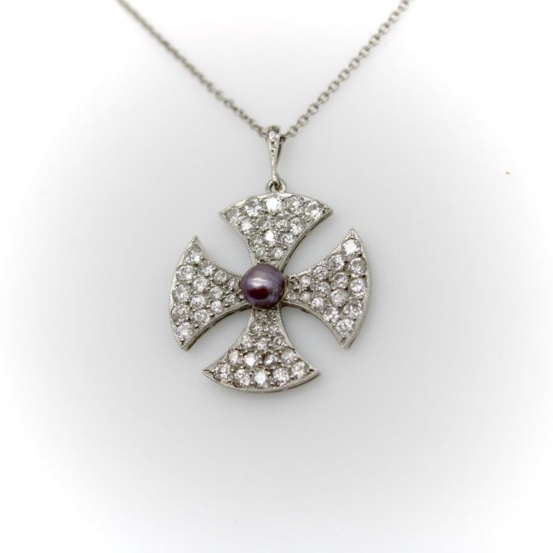 Platinum Edwardian Maltese Cross Diamond Encrusted with Central Black Pearl Neck Kirsten's Corner 