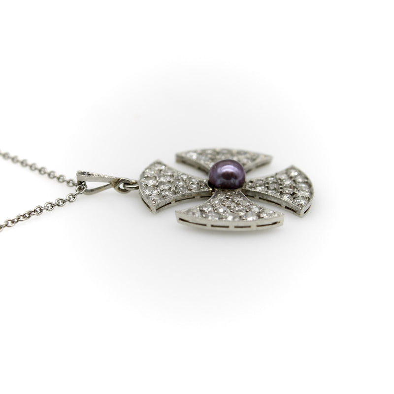 Platinum Edwardian Maltese Cross Diamond Encrusted with Central Black Pearl Neck Kirsten's Corner 