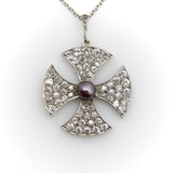 Platinum Edwardian Maltese Cross Diamond Encrusted with Central Black Pearl Neck Kirsten's Corner 