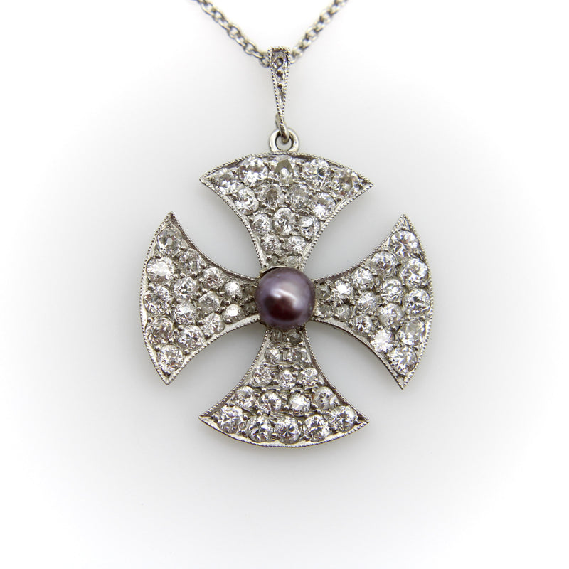 Platinum Edwardian Maltese Cross Diamond Encrusted with Central Black Pearl Neck Kirsten's Corner 