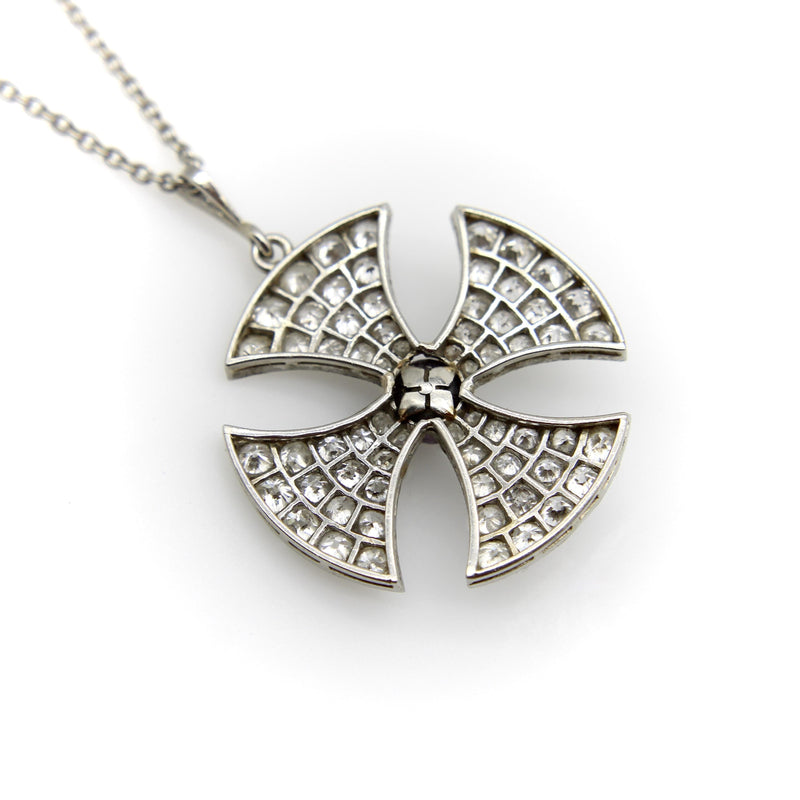 Platinum Edwardian Maltese Cross Diamond Encrusted with Central Black Pearl Neck Kirsten's Corner 