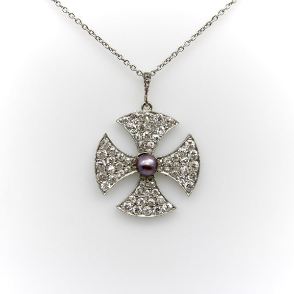 Platinum Edwardian Maltese Cross Diamond Encrusted with Central Black Pearl Neck Kirsten's Corner 