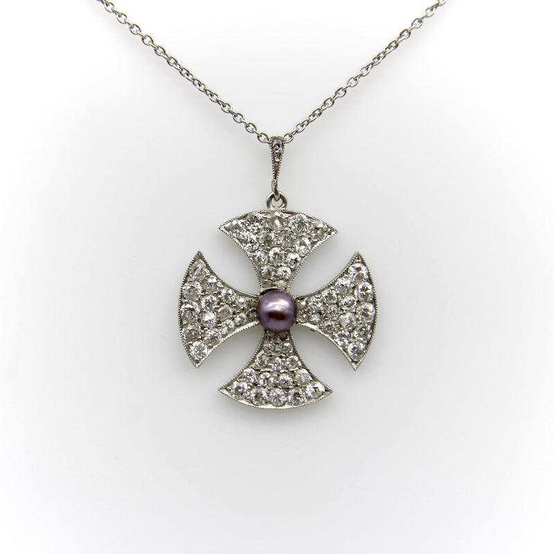 Platinum Edwardian Maltese Cross Diamond Encrusted with Central Black Pearl Neck Kirsten's Corner 
