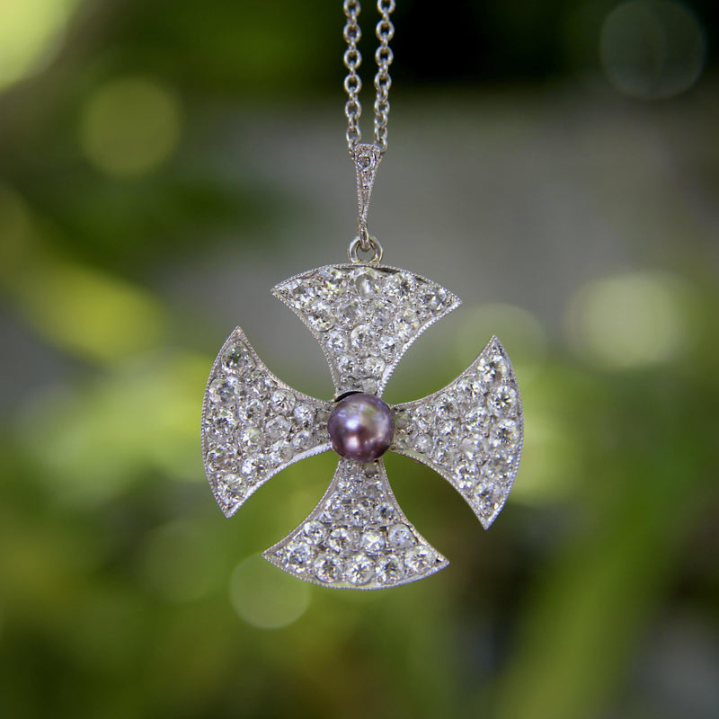 Platinum Edwardian Maltese Cross Diamond Encrusted with Central Black Pearl Neck Kirsten's Corner 