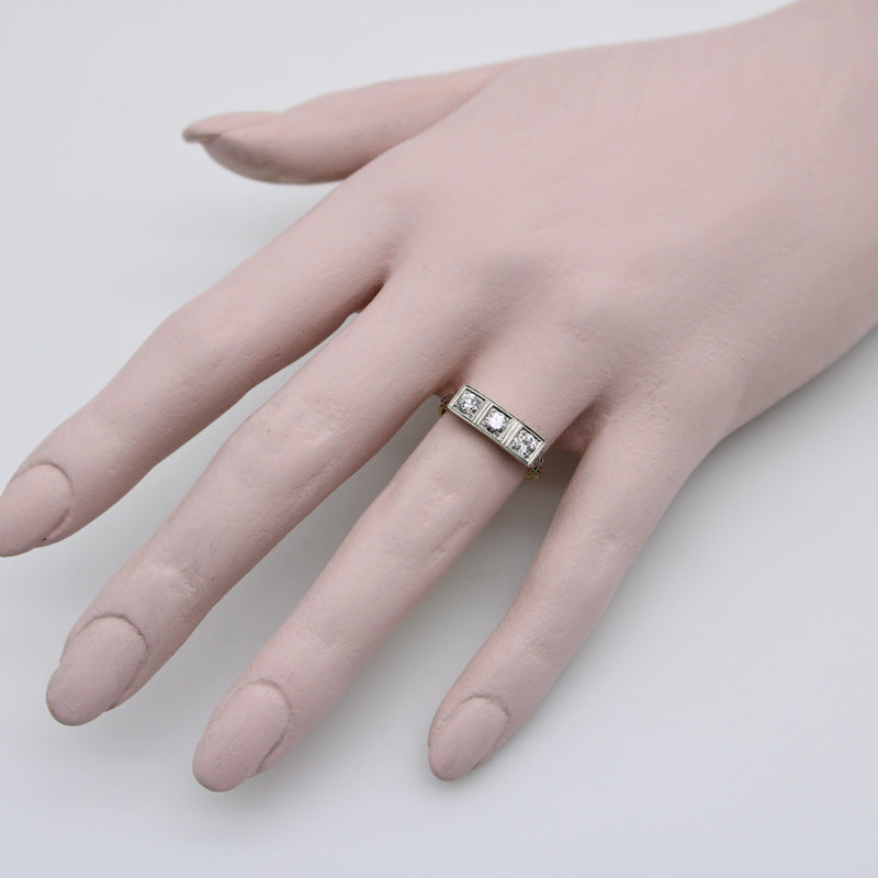 Edwardian Three-Stone Old European Diamond Ring in 14K Gold and Platinum RING Kirsten's Corner 