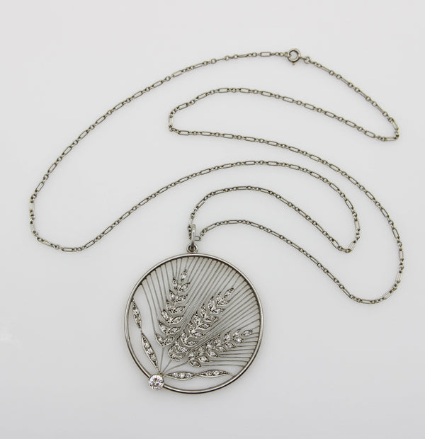 Edwardian Platinum and 18K Gold Diamond Open Work Wheat Medallion Pendant Necklace jewelry Kirsten's Corner 