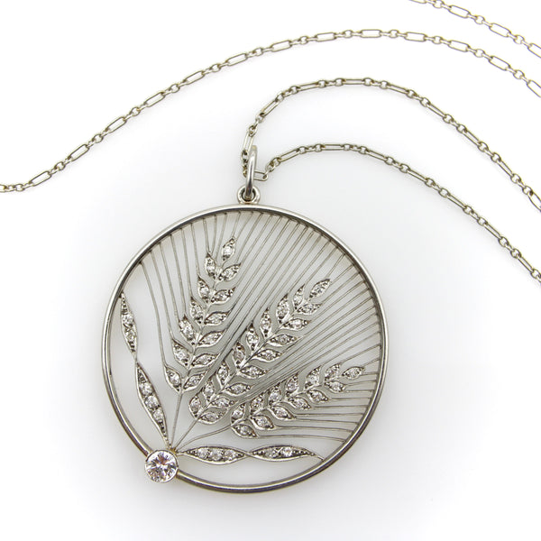 Edwardian Platinum and 18K Gold Diamond Open Work Wheat Medallion Pendant Necklace jewelry Kirsten's Corner 