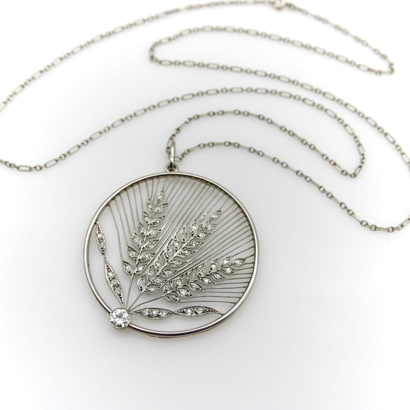 Edwardian Platinum and 18K Gold Diamond Open Work Wheat Medallion Pendant Necklace jewelry Kirsten's Corner 