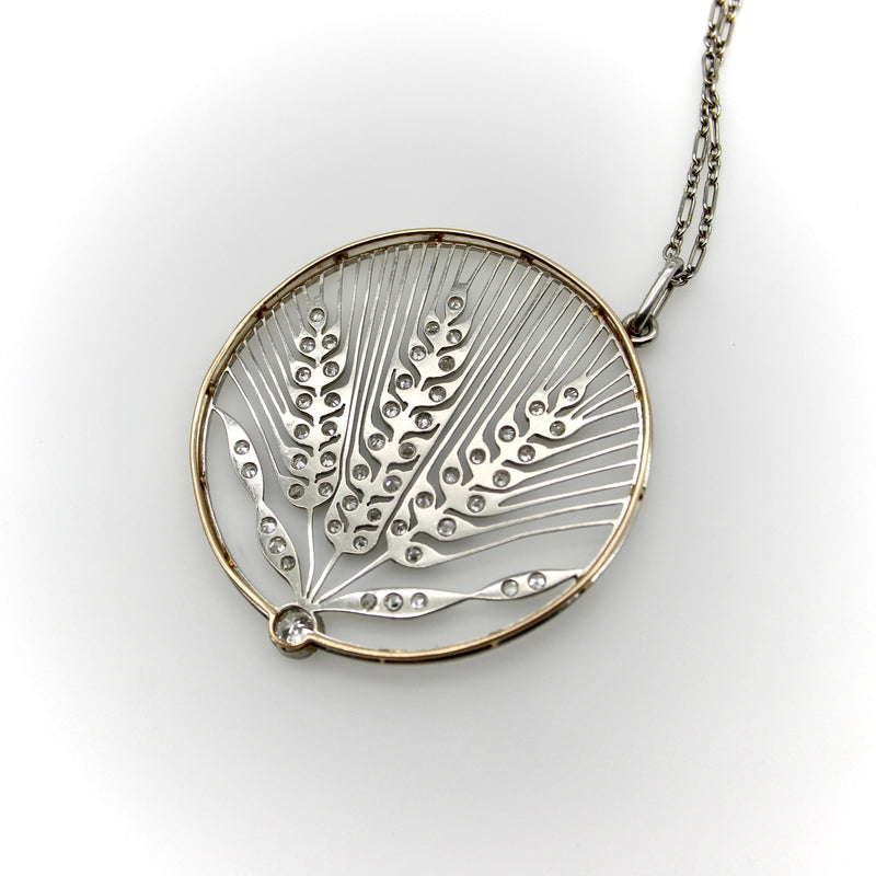 Edwardian Platinum and 18K Gold Diamond Open Work Wheat Medallion Pendant Necklace jewelry Kirsten's Corner 