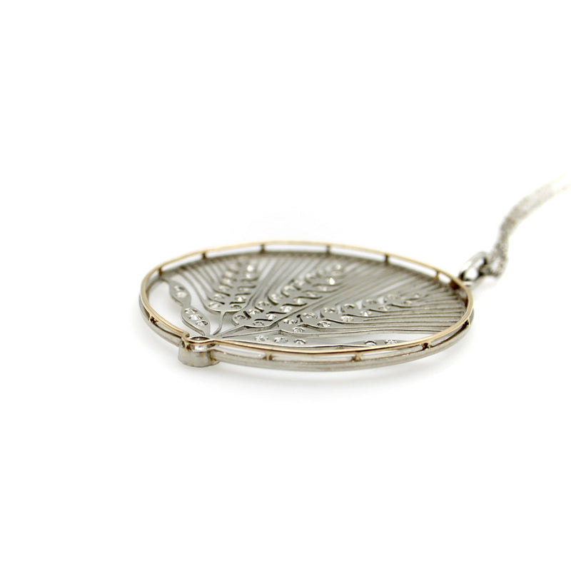 Edwardian Platinum and 18K Gold Diamond Open Work Wheat Medallion Pendant Necklace jewelry Kirsten's Corner 