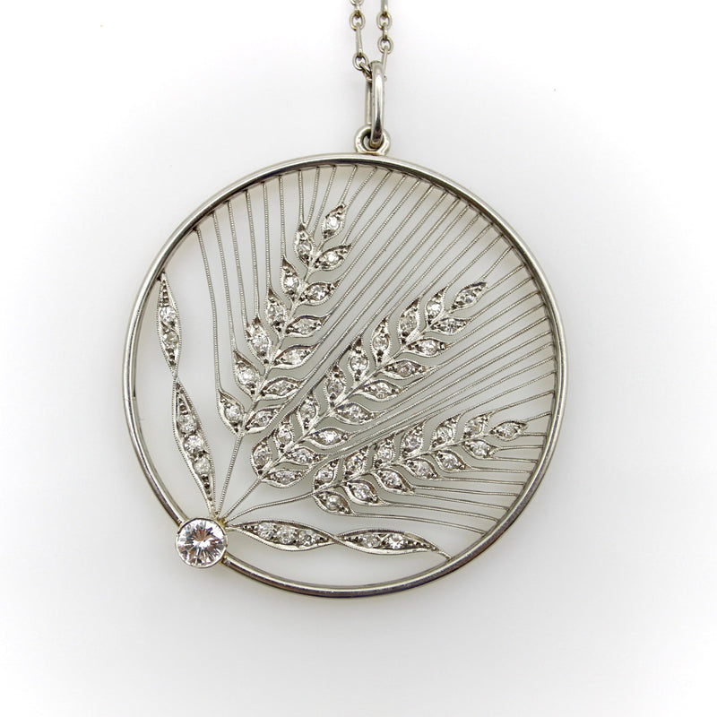 Edwardian Platinum and 18K Gold Diamond Open Work Wheat Medallion Pendant Necklace jewelry Kirsten's Corner 