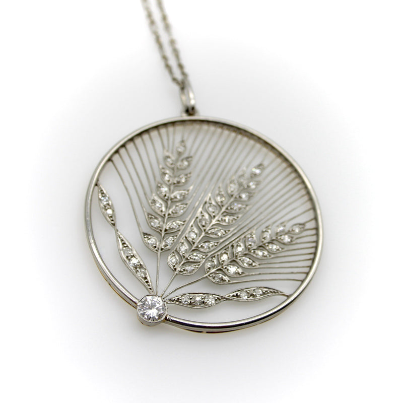 Edwardian Platinum and 18K Gold Diamond Open Work Wheat Medallion Pendant Necklace jewelry Kirsten's Corner 