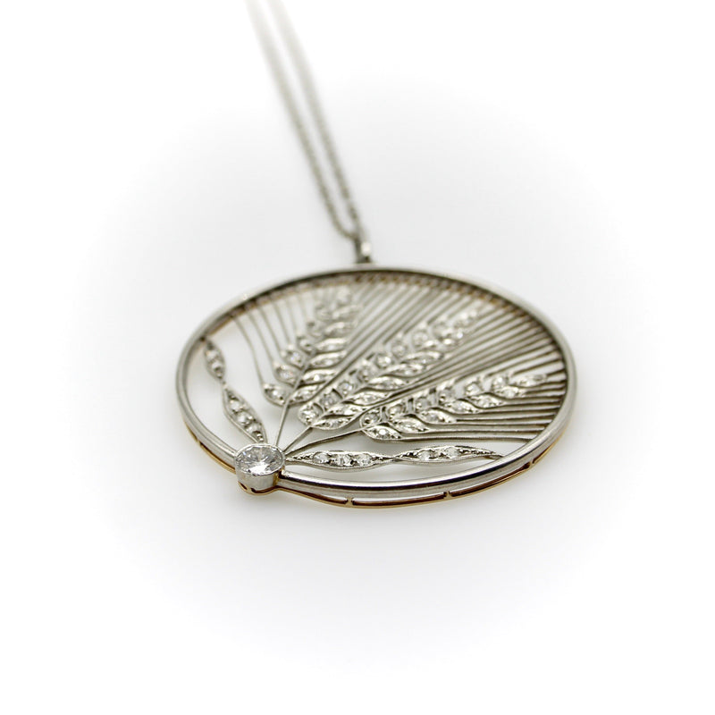Edwardian Platinum and 18K Gold Diamond Open Work Wheat Medallion Pendant Necklace jewelry Kirsten's Corner 