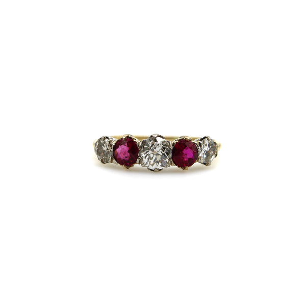 18K Gold Edwardian Five-Stone Diamond and Ruby Ring RING Kirsten's Corner 