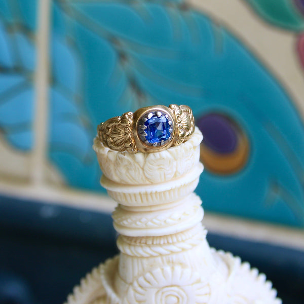 Early Victorian Cornflower Blue Sapphire 14K Gold & Sterling Silver Ring Ring Kirsten's Corner Jewelry 