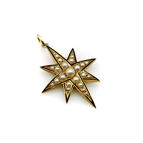 Victorian 15K Gold Northern Star Pendant with Pearls and Enamel Pendant Kirsten's Corner 