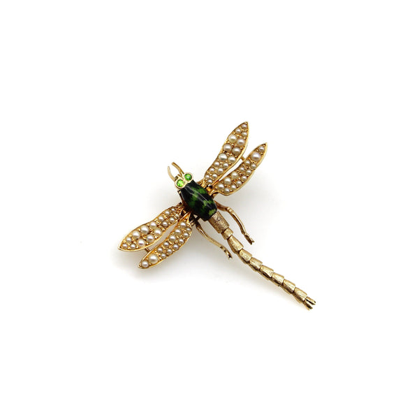 Edwardian 14K Gold Dragonfly Pendant with Garnet, Pearls, & Enameling Pendant Kirsten's Corner 