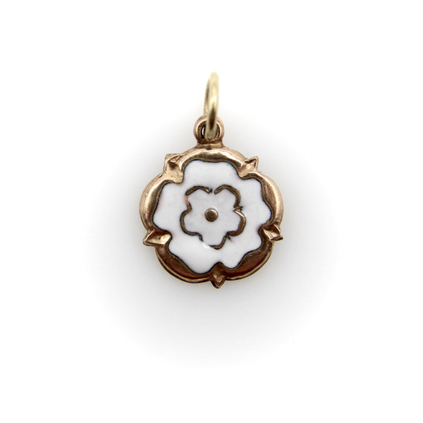 Vintage 9K Gold and White Enamel Tudor Rose Charm jewelry Kirsten's Corner 