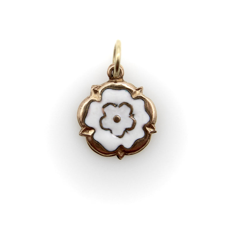 Vintage 9K Gold and White Enamel Tudor Rose Charm jewelry Kirsten's Corner 