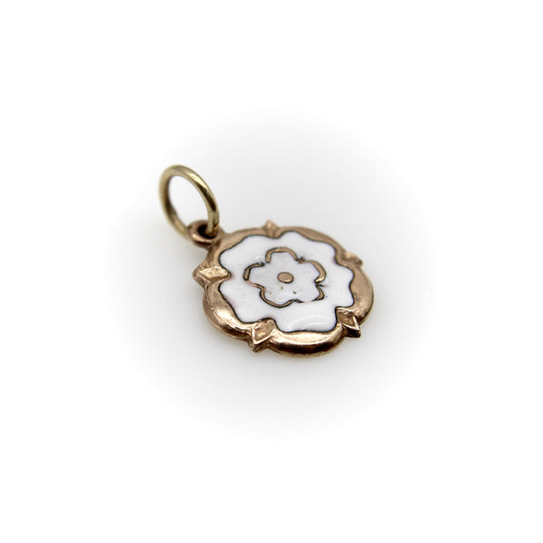 Vintage 9K Gold and White Enamel Tudor Rose Charm jewelry Kirsten's Corner 