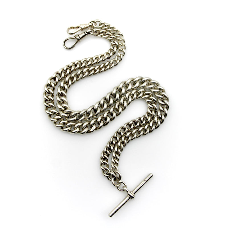 Edwardian Sterling Silver Graduated Prince Albert Watch Chain with T-Bar and Dog Kirsten's Corner 