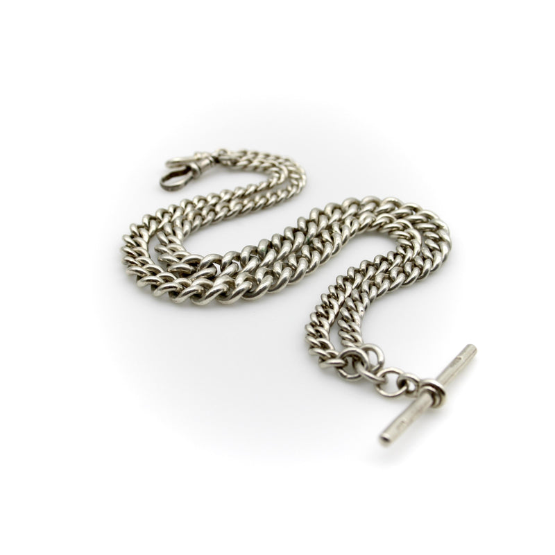 Edwardian Sterling Silver Graduated Prince Albert Watch Chain with T-Bar and Dog Kirsten's Corner 