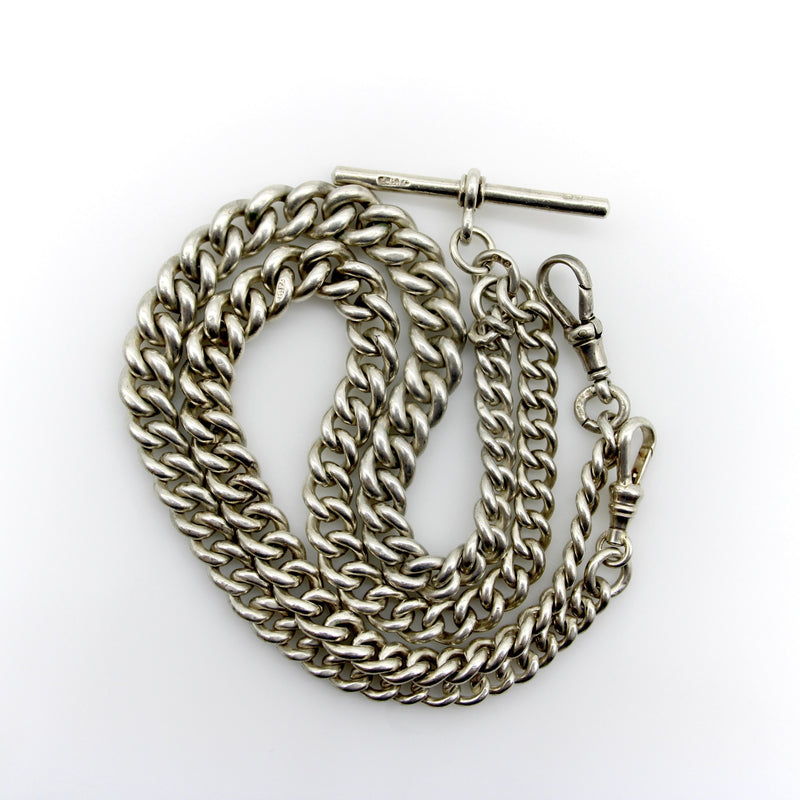 Edwardian Sterling Silver Graduated Prince Albert Watch Chain with T-Bar and Dog Kirsten's Corner 