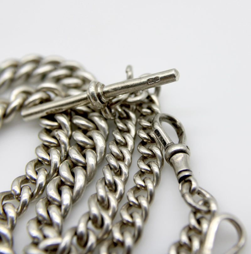 Edwardian Sterling Silver Graduated Prince Albert Watch Chain with T-Bar and Dog Kirsten's Corner 