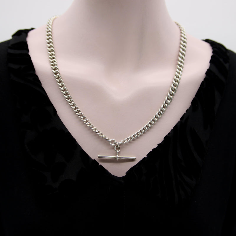 Edwardian Sterling Silver Graduated Prince Albert Watch Chain with T-Bar and Dog Kirsten's Corner 
