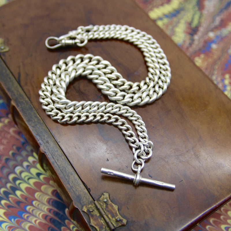 Edwardian Sterling Silver Graduated Prince Albert Watch Chain with T-Bar and Dog Kirsten's Corner 