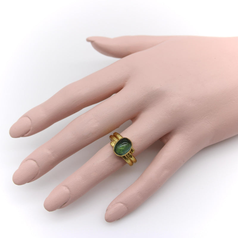 22K Gold Hand-Hammered Ring with Blue-Green Tourmaline Cabochon jewelry Kirsten's Corner 