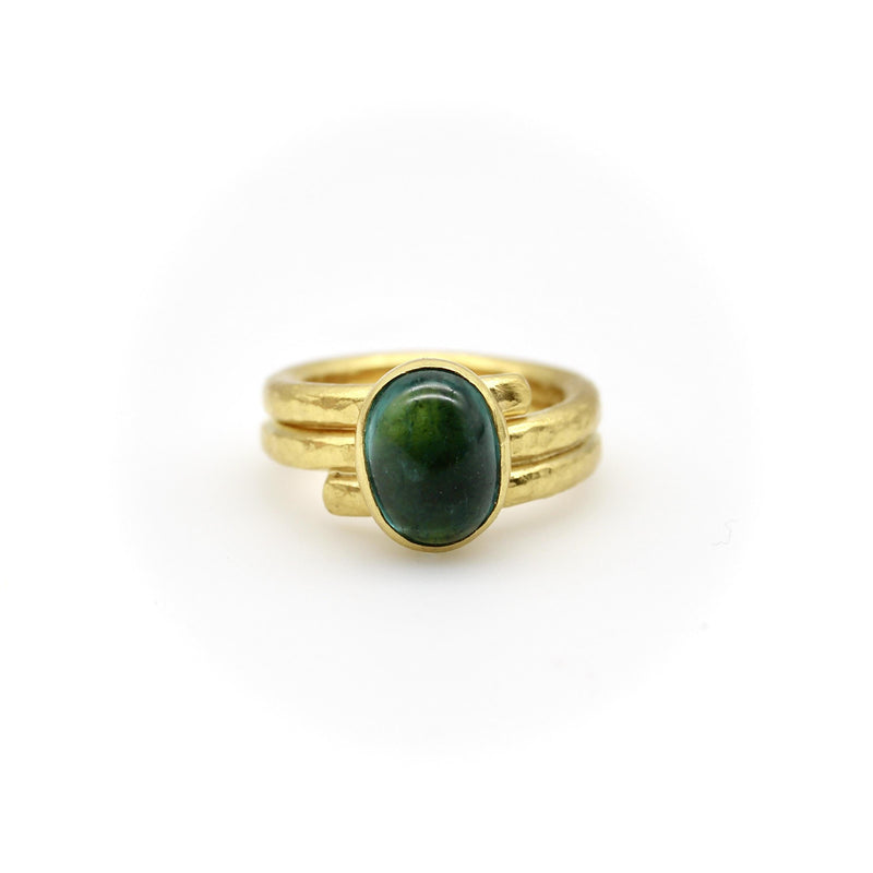 22K Gold Hand-Hammered Ring with Blue-Green Tourmaline Cabochon jewelry Kirsten's Corner 