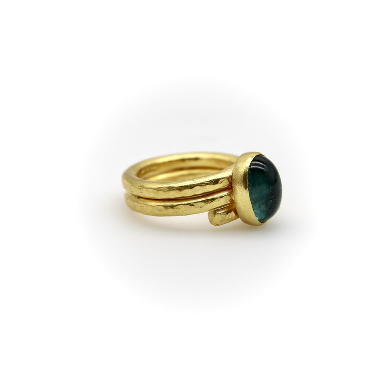 22K Gold Hand-Hammered Ring with Blue-Green Tourmaline Cabochon jewelry Kirsten's Corner 