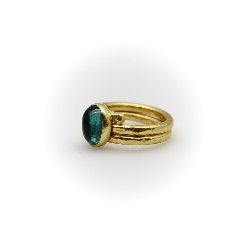 22K Gold Hand-Hammered Ring with Blue-Green Tourmaline Cabochon jewelry Kirsten's Corner 