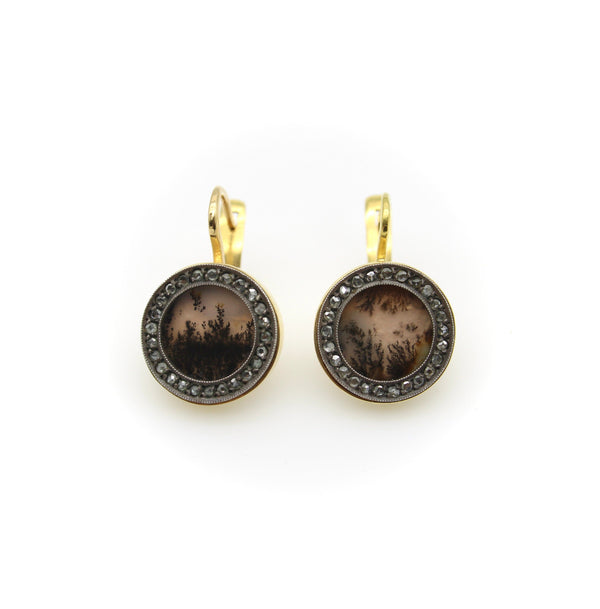 Russian 14K 18K Gold and Silver Dendritic Agate Earrings with Rose Cut Diamonds Earrings Kirsten's Corner 