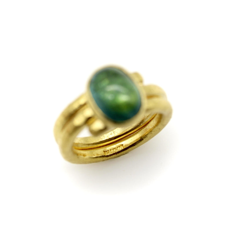 22K Gold Hand-Hammered Ring with Blue-Green Tourmaline Cabochon jewelry Kirsten's Corner 