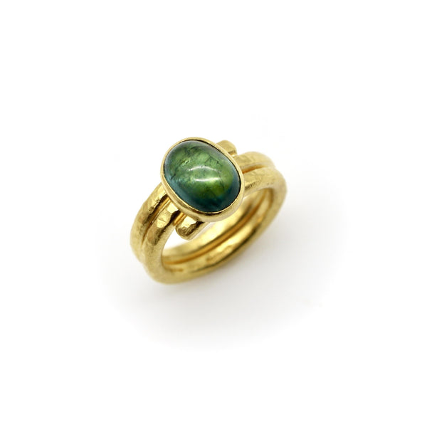 22K Gold Hand-Hammered Ring with Blue-Green Tourmaline Cabochon jewelry Kirsten's Corner 
