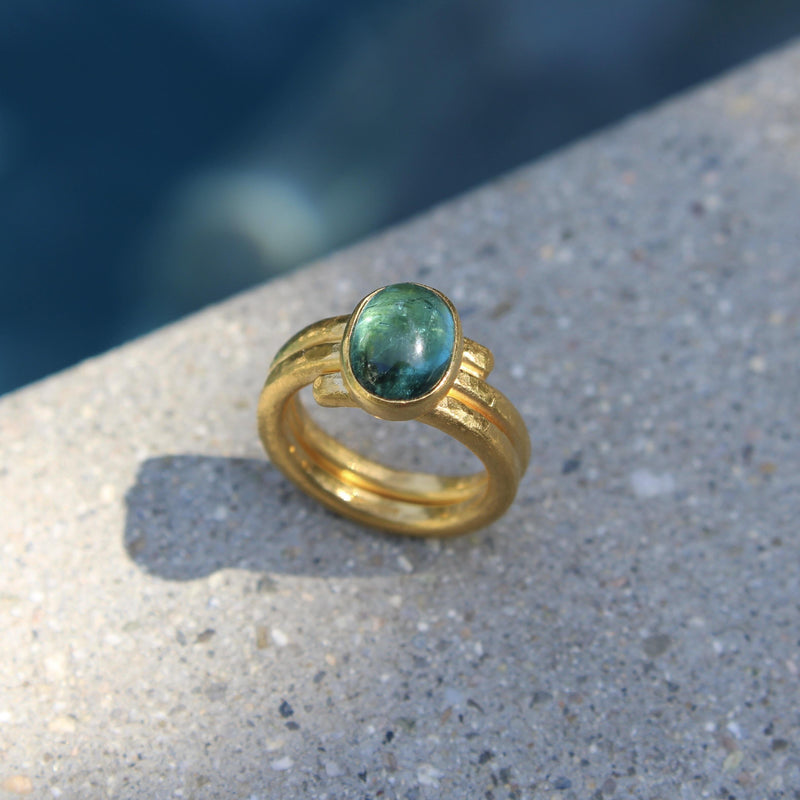 22K Gold Hand-Hammered Ring with Blue-Green Tourmaline Cabochon jewelry Kirsten's Corner 