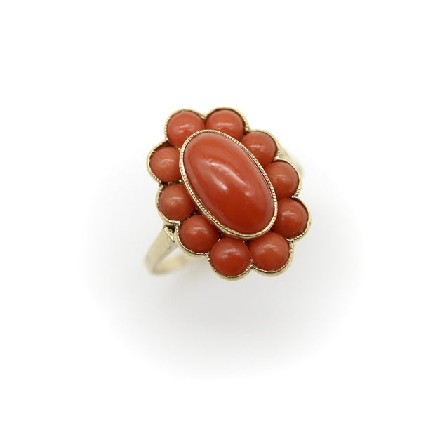 Retro 14K Gold Coral Cabochon Cluster Ring Kirsten's Corner 