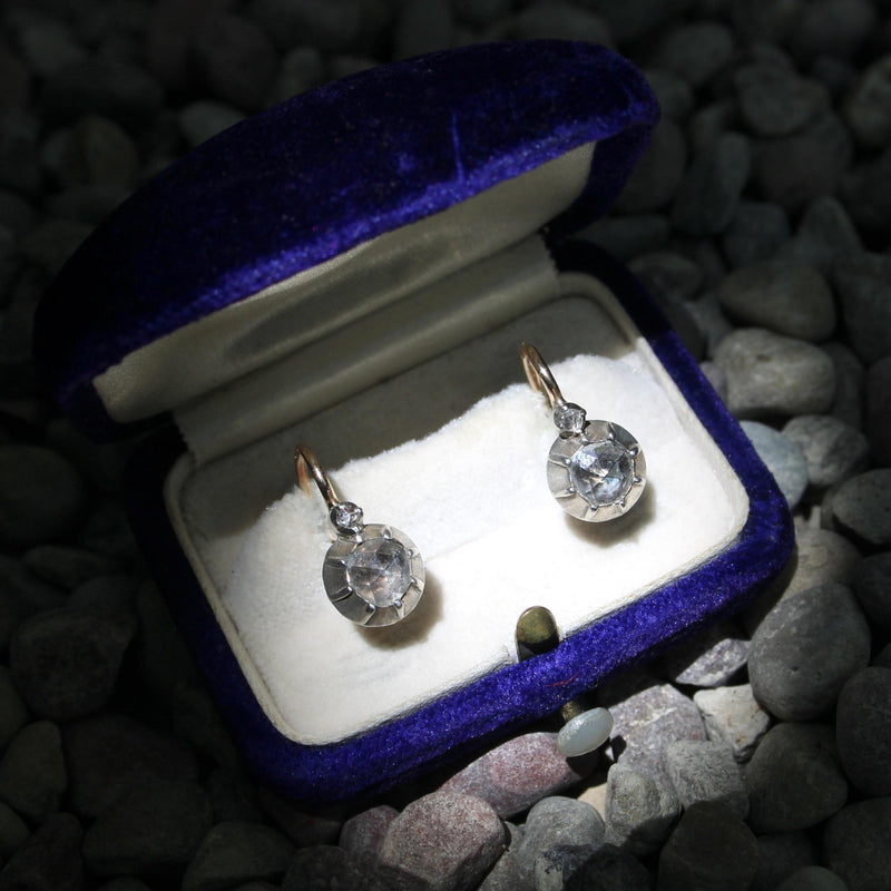 14K Gold and Silver Victorian Rose Cut Diamond Collet Set Dormeuse Earrings jewelry Kirsten's Corner 