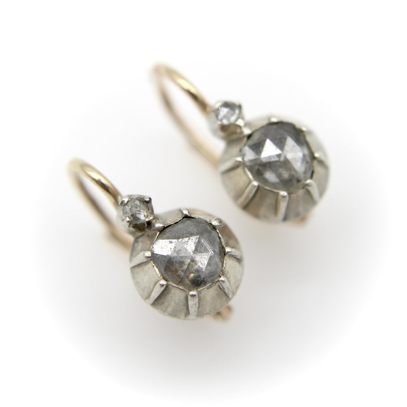 14K Gold and Silver Victorian Rose Cut Diamond Collet Set Dormeuse Earrings jewelry Kirsten's Corner 