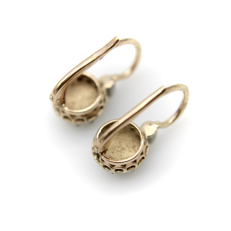14K Gold and Silver Victorian Rose Cut Diamond Collet Set Dormeuse Earrings jewelry Kirsten's Corner 